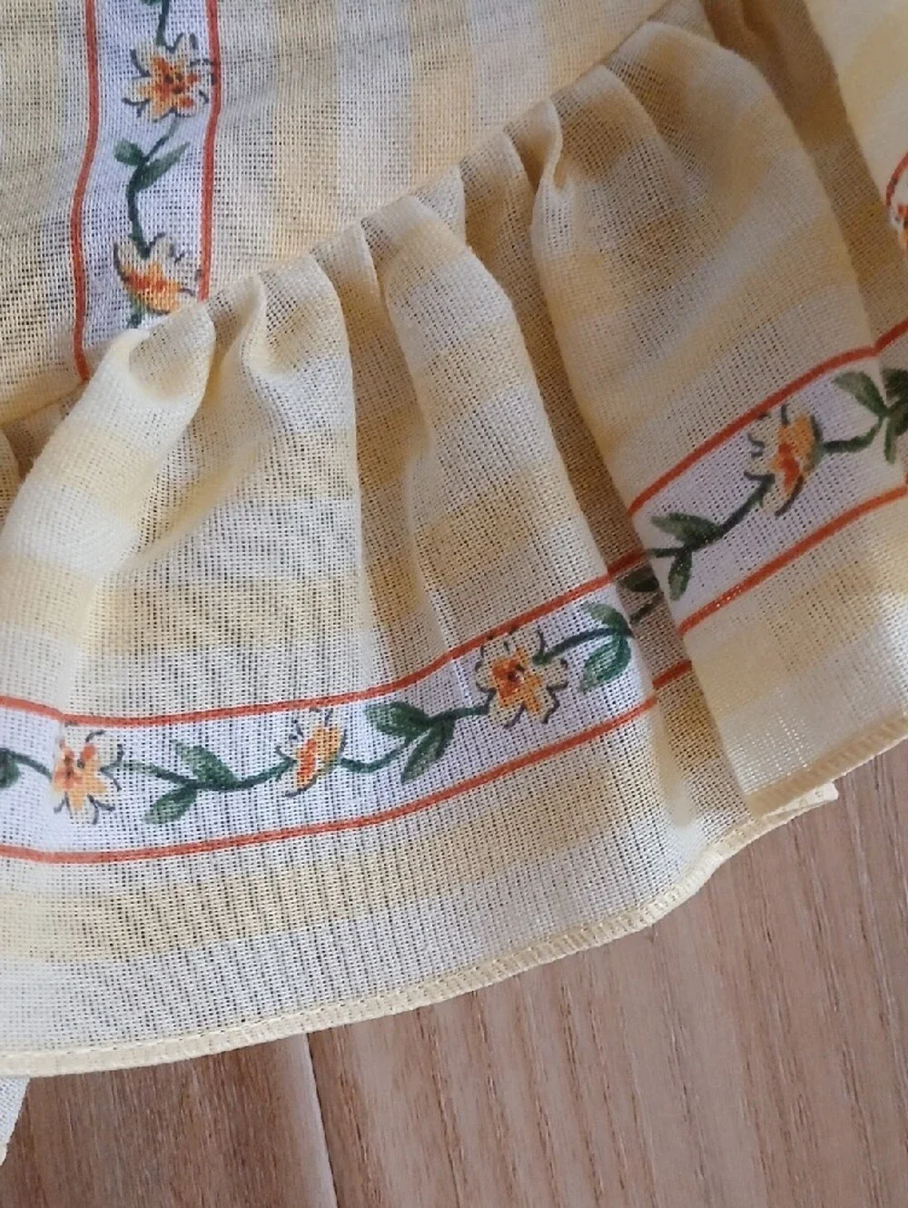 Pair Vintage Yellow Floral Stripe Window Valance Curtains Ruffled Hem